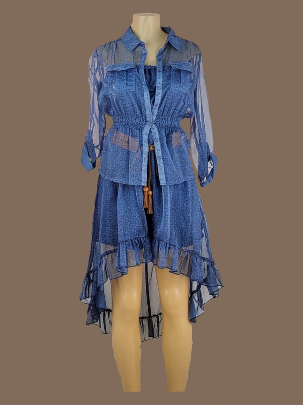 PAPER TEE STRAPLESS BELTED DRESS & COVER SHIRT